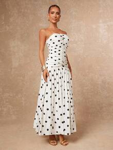Lumalex 早春复古黑白波点褶皱紧身胸衣连衣裙，适合女士，奢华舞会、聚会、宴会、低调奢华、闪耀夺目的节日派对、锐舞派对、音乐节、郊游、度假、户外、婚礼季、宴会、圣诞节、新年等场合，层次丰富，是派对、晚宴、晚会、派对的理想之选。早春波点连衣裙，女士无肩带长款波点连衣裙，夏季白色波点长裙。 - 白色 - 查看 8