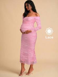 MaterniChic Elegant Party Solid Color Lace Off-Shoulder Maternity Dress - Pink - View 1