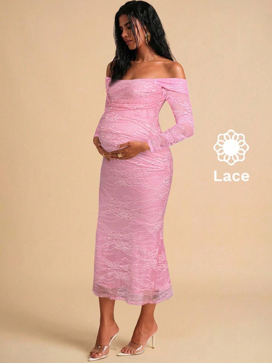 MaterniChic Elegant Party Solid Color Lace Off-Shoulder Maternity Dress - Pink - View 1