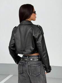 StreetHx 时尚纯色短款夹克配腰带 - 黑色 - 查看 2