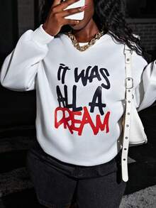 Rovax Women's Slogan Printed Sweatshirt IT WAS ALL A DREAM,Ladies Spring/Fall Casual Wrist-Length Sleeve Round Neck Loose Regular White Drop Shoulder Pullovers Women Hoodies Graduation,Back To School Outfits,Graduation,Teacher Outfits For Women,Back To School - White - View 5
