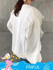 FRIFUL SHEIN X Care Bears 女士圆领撞色网眼拼接宽松卡通图案前长袖休闲T恤 - 白色 - 查看 6