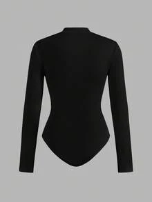 SHEIN EZwear 2pcs Women Black & Navy Blue Zip-Up High Neck Tight Fit Bodysuit Set, Casual Long Sleeve, Suitable For Autumn/Winter,Fall,Black Bodysuit - Multicolor - View 8
