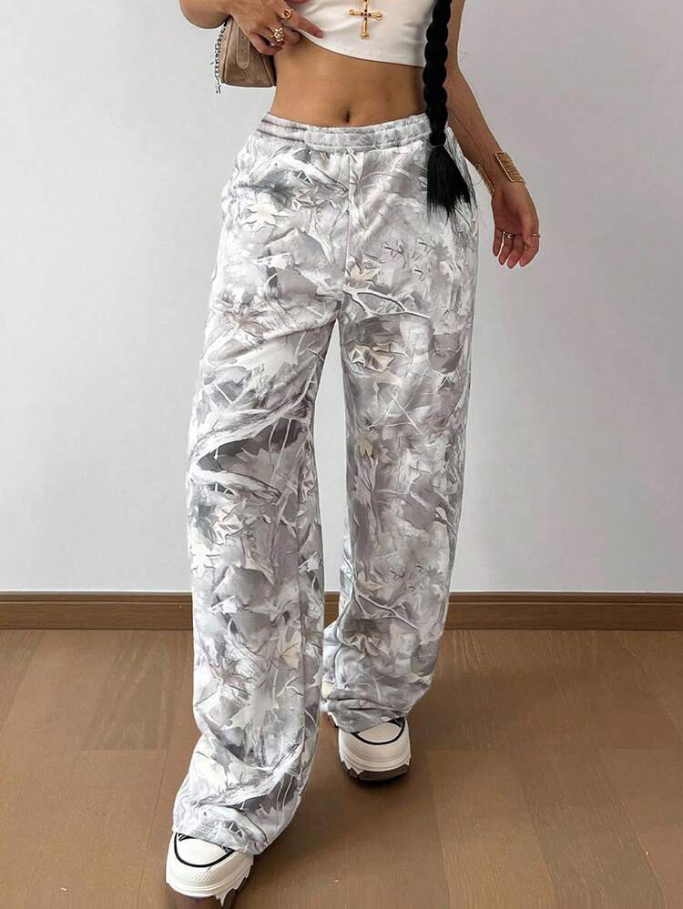 SHEIN Tween Girls' Casual Drawstring Waist Bare Branch Print Loose Sweatpants, Back-To-School Outfit, Cool Basics, Versatile Daily Wear Autumn/Winter Fall