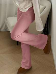 Aloruh 秋冬简约通勤休闲黑色紧身低腰喇叭裤毛衣，适合年轻女性 - 藕粉色 - 查看 4