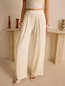 SHEIN Ladiora Women's Elegant High Waist Pleated Loose Straight Leg Pants, Textured Solid Color, Spring/Autumn - Apricot - View 5