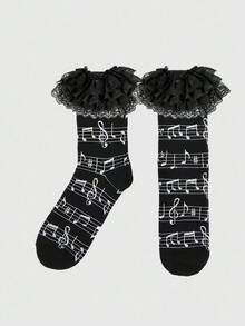 ROMWE Kawaii Bộ 2 đôi tất cao đến đầu gối họa tiết nốt nhạc sọc đen trắng phong cách Punk Y2K và viền ren gợi cảm màu trơn, thích hợp cho các lễ hội âm nhạc, trang phục lấy cảm hứng từ anime, trang phục thường ngày - màu đen - Xem 2