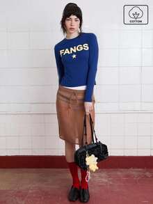 COUREZ Teen Y2K Shrunken Slogan Graphic Short Sleeve T-Shirt Top / Autumn Winter Fall Holiday - Blue - View 1