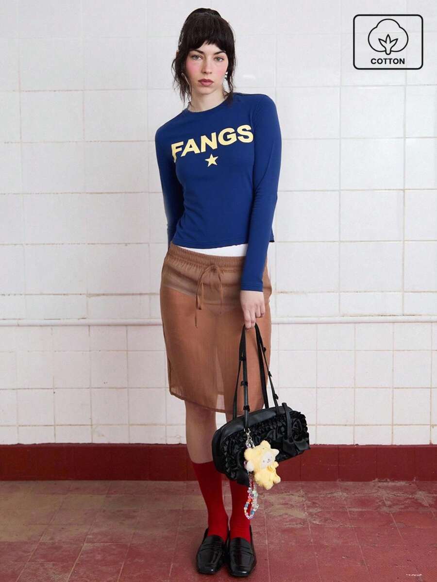 COUREZ Teen Y2K Shrunken Slogan Graphic Short Sleeve T-Shirt Top / Autumn Winter Fall Holiday - Blue - View 1