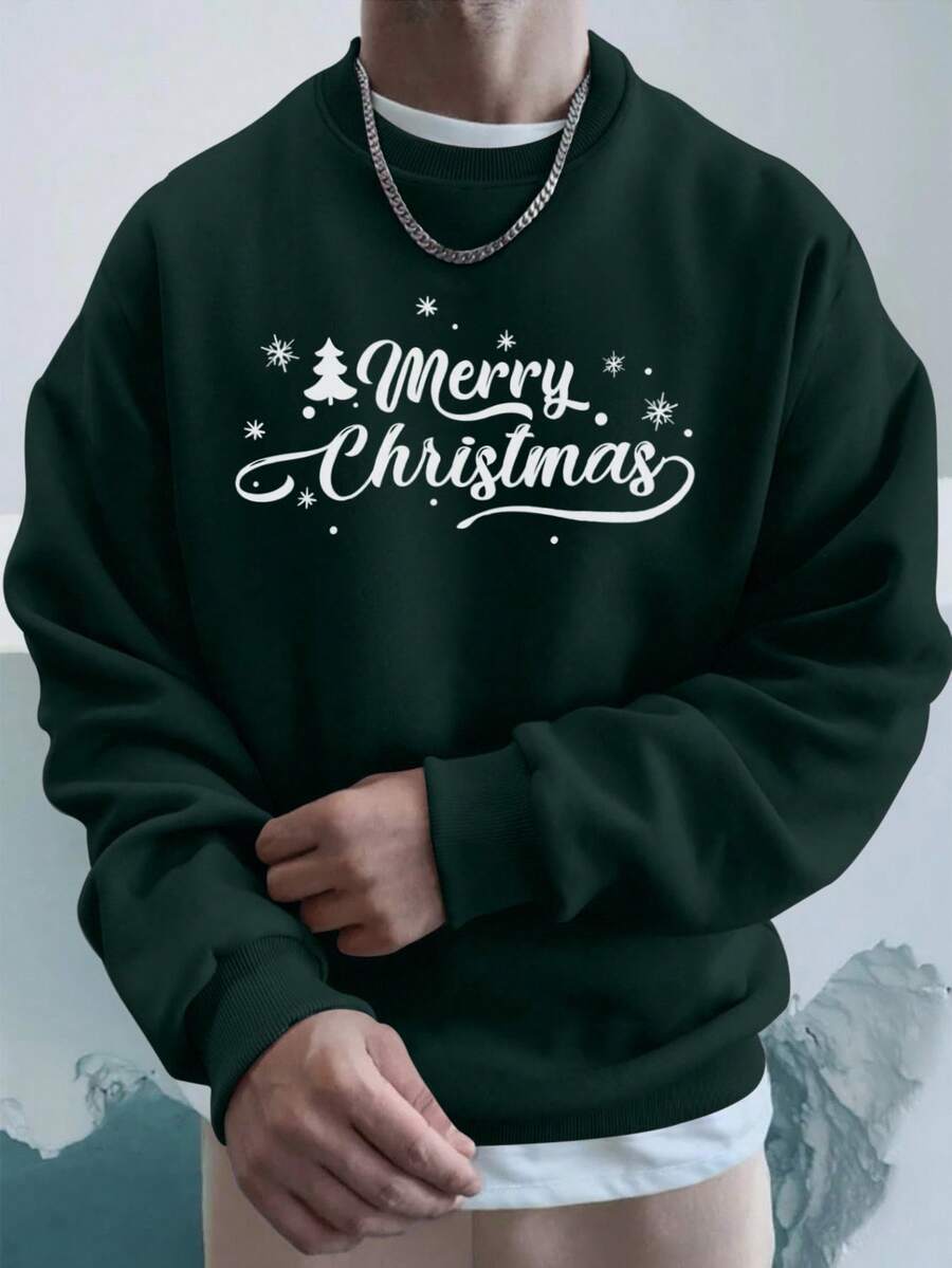 EURMUSE Cotton Men 1pc Christmas Print Drop Shoulder Sweatshirt - Dark Green - View 1