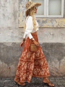 Brillora Chân váy xếp ly họa tiết hoa dành cho nữ, thích hợp cho kỳ nghỉ mùa thu - Rỉ Nâu - Xem 5