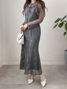 FRIFUL 女士深灰色透明蕾丝面料系腰修身两件套服装，适合节日的商务休闲装