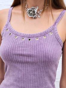 COUREZ Eyelets Rib Tank Top /Y2K  Women Clothes  Clothes Cute Tops Going Out Top Spring Clothes - Purple - View 5