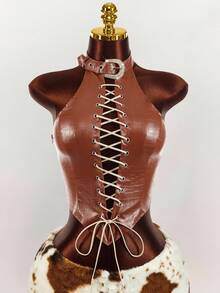 Y2K Amplova Women's Sexy Criss-Cross Backless Halter Neck Top, Summer Rodeo Cowgirl Brown 2 Piece Set - Brown - View 4