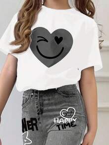 SHEIN Leap Crew 2pcs/Set Teen Girls Casual Loose Heart & Face Graffiti Print Round Neck Short Sleeve T-Shirt And Flare Pants Outfit, Suitable For Summer, Autumn, Home, Outdoor, Street Photography, Campus - Multicolor - View 4