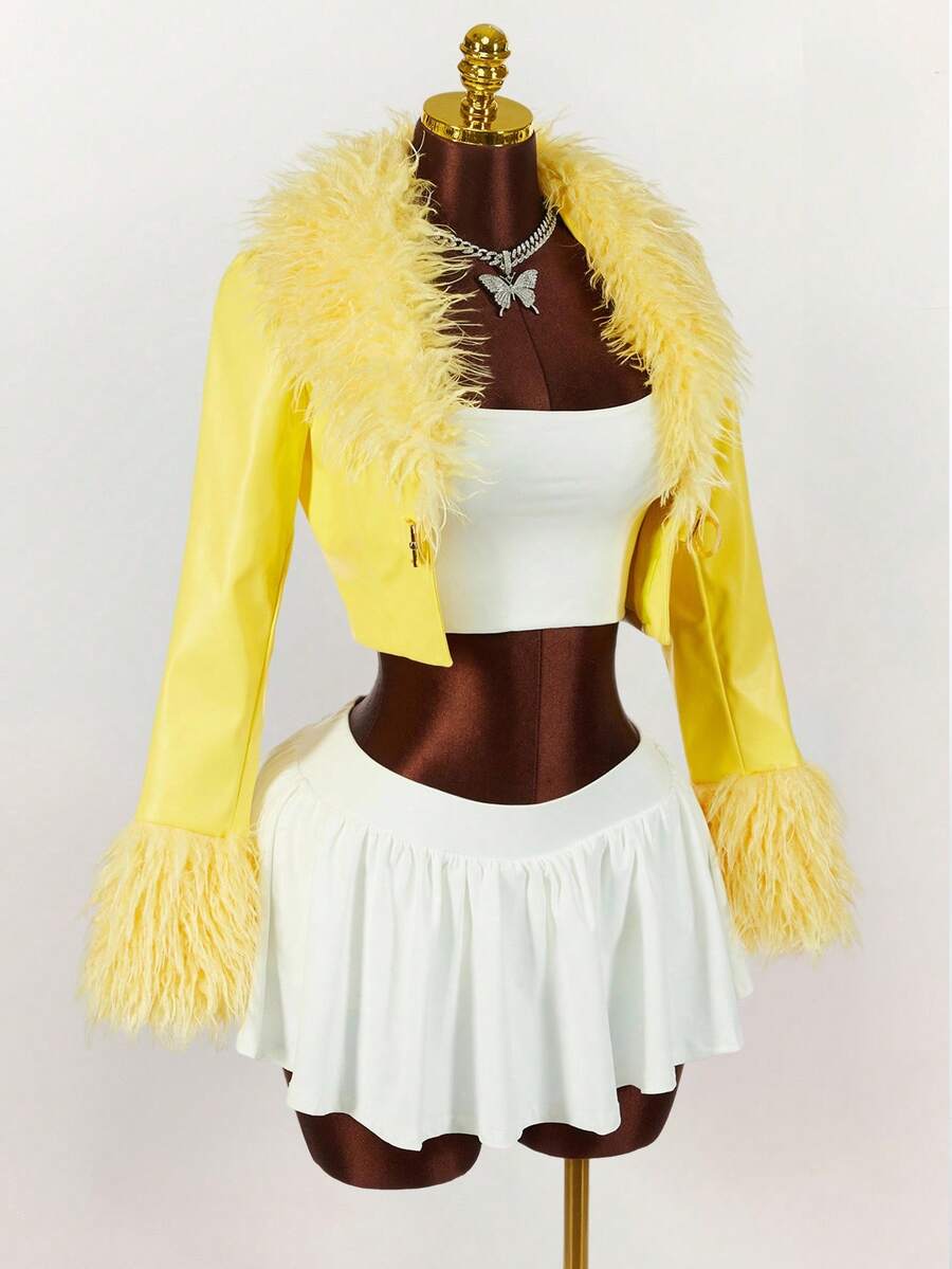 Y2K Amplova 女款卷毛翻领长袖皮草和皮革性感亮色飞行夹克，适合秋冬季派对和学校穿着 - 黃色 - 查看 1