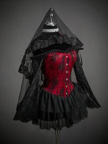 SHEIN ICON 女式性感辣妹千禧风格 Y2K 个性大胆前卫万圣节角色扮演吸血鬼新娘黑红撞色蕾丝拼接单肩喇叭袖荷叶边多层网眼吊带迷你连衣裙 - 彩色 - 查看 4