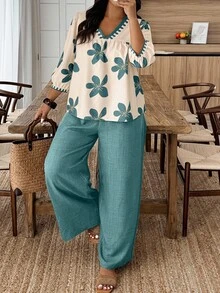 Weeklong Plus Size Women Casual Loose Fitting Top And Wide Leg Pants 2 Pieces Set - Multicolor - View 4