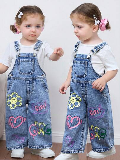 Baby Girl Blue Denim Overalls With Floral Smiling Face Graffiti Patterns,Back To School Clothes,Fall Kid's  Casual And Comfortable  Wear