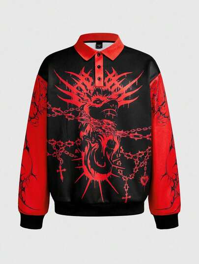 ROMWE MEN Anime Men's Dark Chain Devil Print Polo Collar Long Sleeve Casual T-Shirt Halloween, Fall