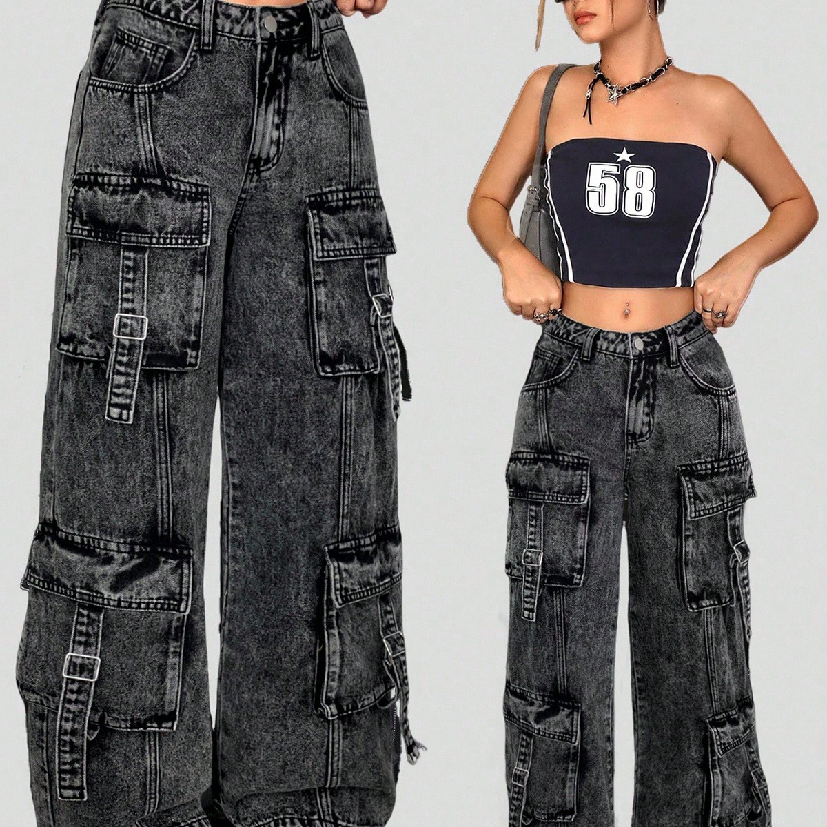 Pantalones cargo de mezclilla negra con costuras de contraste para adolescentes, de corte holgado, cintura baja y pierna recta