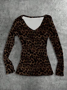 Attitoon Vintage Leopard Print Graphic V-Neck Slim Fit Long Sleeve T-Shirt For Women,Dark Brown,Autumn,Seksi Chic,Night Out,Y2K Boho Hippie Cheetah Top - White - View 1