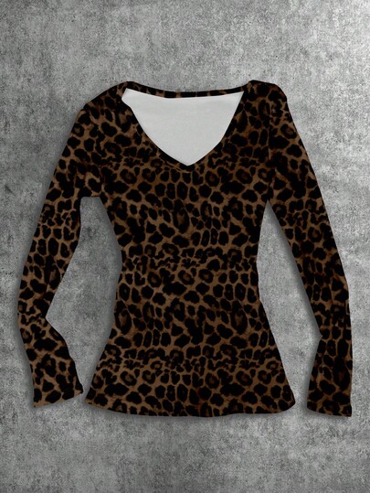 Attitoon Vintage Sexy Leopard Print Graphic V-Neck Casual Slim Fit Long Sleeve T-Shirt For Women, Versatile For Airport, Vintage, Sexy, Cute, Y2K, Coconut Girl, Boho, Hippie Style, Music Festival, Suitable For Autumn/Winter,Cheetah Print Top,Leopard Print Top