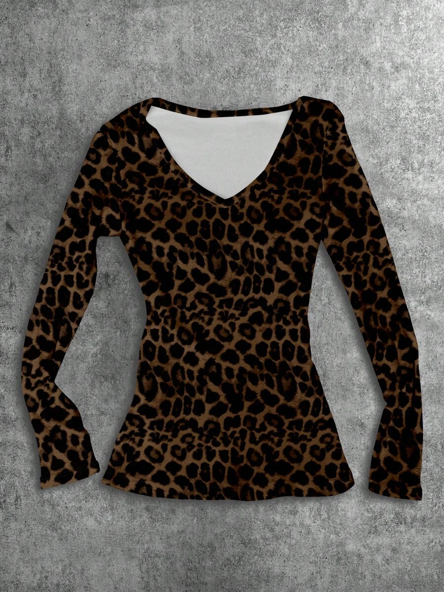 Attitoon Vintage Leopard Print Graphic V-Neck Slim Fit Long Sleeve T-Shirt For Women,Dark Brown,Autumn,Seksi Chic,Night Out,Y2K Boho Hippie Cheetah Top - White - View 1