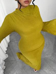 Elenzga 大码女式优雅纹理面料喇叭袖修身鱼尾下摆连衣裙，春秋季 - 綠色 - 查看 5