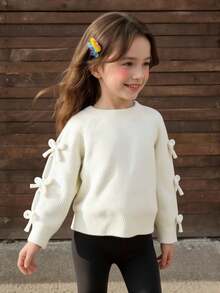SHEIN Lässiger Rundhals-Strickpullover mit langen Ärmeln und Schleife für junge Kleine Mädchen, Langarmpullover, geeignet für den Schulanfang, zu Hause, beim Sport, in der Freizeit, auf Partys, warm und bequem für Herbst/Winter. Kinderpullover mit Schleife, Pullover mit Schleifen, weißer Pullover für Kinder, weißer Kinderpullover, Pullover mit Schleifenärmeln