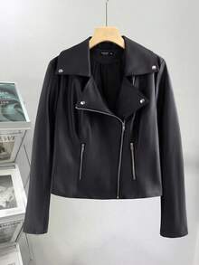 SHEIN Clasi Giacca da motociclista in ecopelle con zip e colletto, taglia comoda, per donne, colore tinta unita, manica lunga