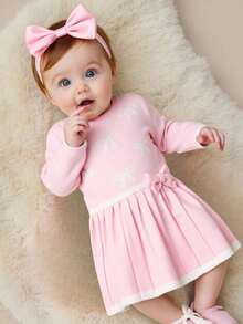 SHEIN Playful Pals Baby Girls' Casual Fashion Cute Pink Bow Pleated Knit Dress, Soft & Comfortable, Suitable For Daily, Outing, Travel, Holiday, Home, Nursery, Autumn/Winter, Christmas, Back To School, Party, Versatile Fall - Baby Pink - View 5