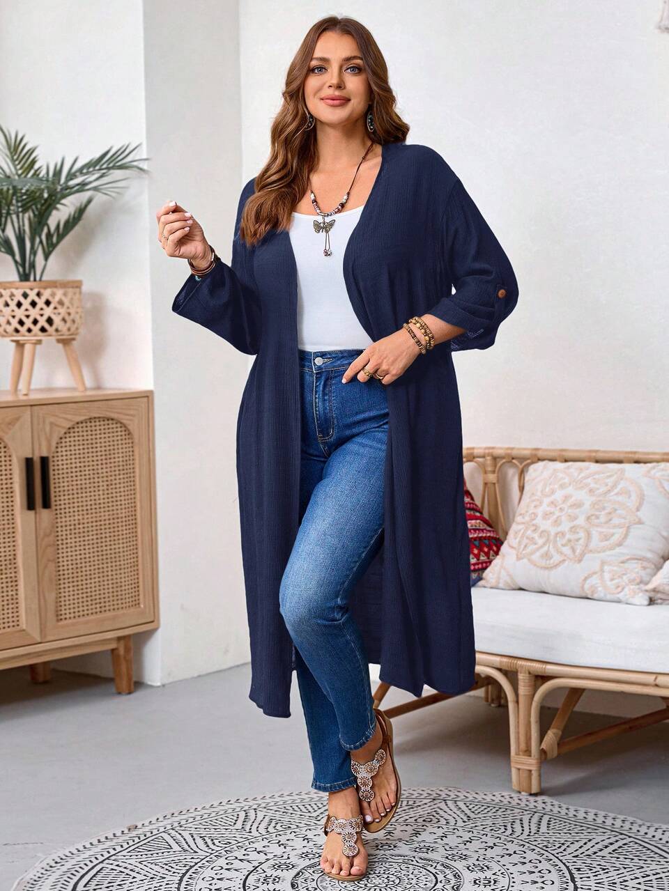 Plus Size Women's Solid Color Cuffed Sleeve Casual Long Jacket, Autumn Winter Fall