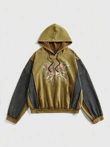 ROMWE MEN Street Life Men's Butterfly Graphic Print Contrast Color Drawstring Pocket Hoodie Sweatshirt - Brown - View 1
