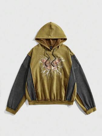 Street Life Men's Butterfly Print Contrast Color Drawstring Pocket Hoodie Sweatshirt