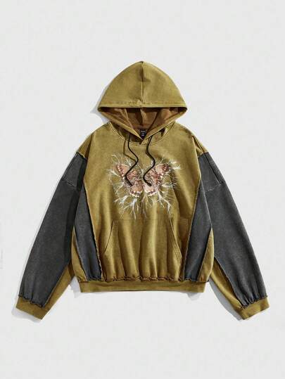 Street Life Men's Butterfly Graphic Print Contrast Color Drawstring Pocket Hoodie Sweatshirt