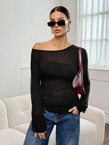SHEIN Tall T-shirt noir d'automne basique sexy et chic pour femmes, couleur unie, col incliné, manches longues, top décontracté ample et transparent avec épaules dénudées, pour femmes grandes - Noir - Voir 5