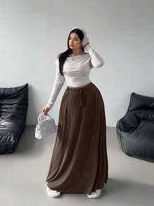 Flirla Váy len dáng rộng màu trơn thời trang đa năng cỡ lớn - màu nâu - Xem 3