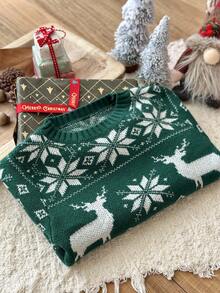 SHEIN 4pcs Young Boy Green Deer Intarsia Christmas Pattern Thick Loose Pullover Sweater, Suitable For Christmas Family Matching Outfits Mommy And Me (Sold Separately) Autumn Winter Clothes FGirlmen - Green - View 5