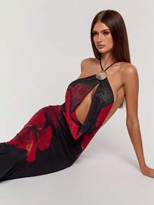 SHEIN BAE 女士时尚性感花卉印花低胸露背连衣裙 - 黑色 - 查看 6