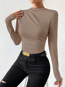 Zolique Solid Color Casual Long Sleeve Slim Fit Women Bodysuits - Khaki - View 5