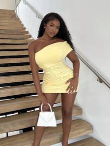 Alexandranx Váy ôm sát màu trơn nhún bèo mini màu vàng cho nữ, mùa hè, trang phục câu lạc bộ gợi cảm cho phụ nữ - Màu vàng - Xem 6