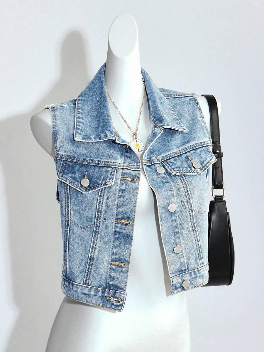 SHEIN Teen Girls Y2K Summer Beach Boho Light Washed Baggy Denim Jacket Vest Without Sleeves, Girls Summer Concert Rave Festival Graduation Denim Vest, For Girl, Cropped Denim Vest