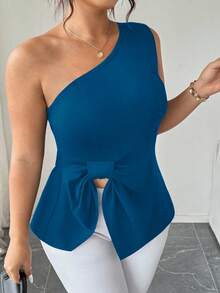Elenzga توب كاميسول كاجوال بخصر مشدود وكتف غير متماثل مع زخرفة فيونكة مزيفة، مناسب للتنقل والخروجات - ازرق مخضر - مشاهدة 5
