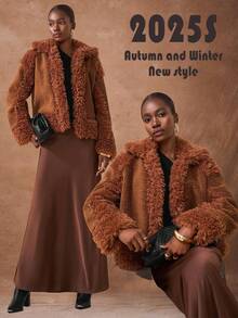 Zivah Nuevo lanzamiento de otoño 2025, adecuado para fiesta de cumpleaños, estilo escolar, uso diario, casual, vacaciones, viajes en crucero, playa, tomar el sol, viral, estilo callejero, estilo de motocicleta, club, chaqueta de mujer de otoño/invierno con cuello de piel, cárdigan tubular de parches de piel, puños de piel, tela de piel rojiza - Marrón - Ver 3