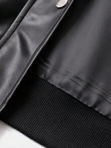 FRIFUL 女士纯色落肩长袖常规翻领宽松夹克，秋季皮夹克 - 黑色 - 查看 7