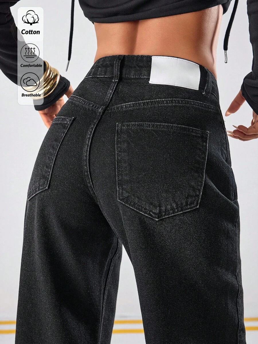 EURMUSE WOMEN CLASSIC HIGH WAIST WIDELEG BLACK WASH DENIM JEAN BACK LABEL AND RİVET - Black - View 1