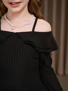 Robe noire pour préadolescentes, minimaliste élégante vintage à épaules dénudées avec double volant à l'ourlet, texture en maille, robe courte à manches longues ajustée. À porter avec une veste, vêtements d'automne - Noir - Voir 14