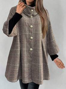 LanaWest 女士灰色可追溯格子面料高领翻领金属纽扣设计宽松下摆 3/4 袖优雅经典感恩节万圣节街头休闲波西米亚风秋冬新款时尚宽松羊毛夹克 - 灰色 - 查看 6