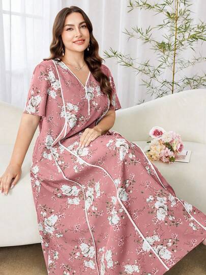 Al Najma 休闲花卉印花短袖宽松常规春夏大码女式阿拉伯连衣裙